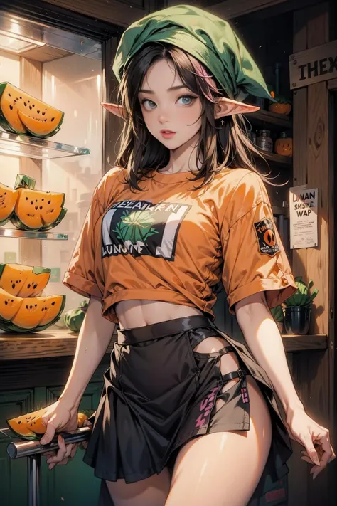 <lora:CantaloupeWorld:1> (CantaloupeWorld:1.1) (1woman sexy hair:1.2) (punk shirt and skirt:1.4) near a bar in Dublin (cool elf hat:1.2)