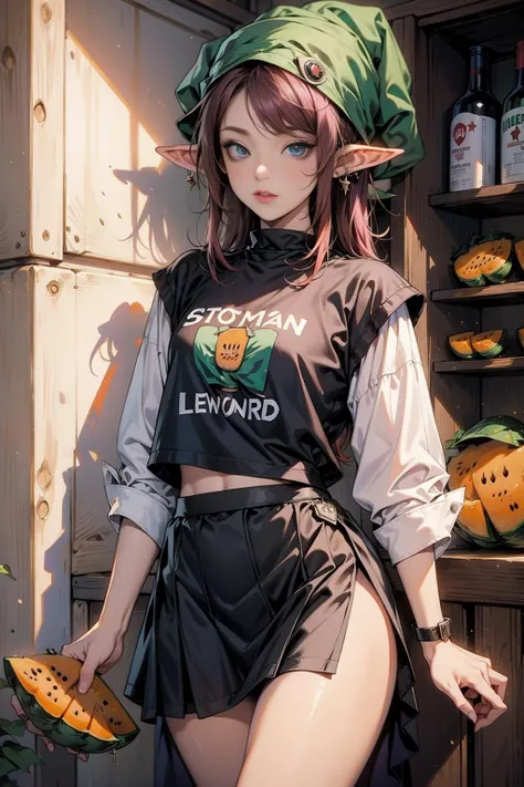 <lora:CantaloupeWorld:1> (CantaloupeWorld:1.1) (1woman sexy hair:1.2) (punk shirt and skirt:1.4) near a bar in Dublin (cool elf hat:1.2)