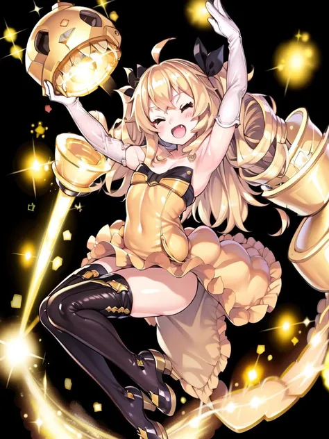 beautiful, masterpiece, best quality, extremely detailed face, perfect lighting, Bulin, 1girl, BulinMK2, blonde hair, eyes closed. driller gloves, MK2_outfit, knee high stockings, yellow cat tail, carrying_rigging_machine, city background, (masterpiece:1.4),(best quality:1.4),(shiny skin),realistic, <lora:bulin:0.7>