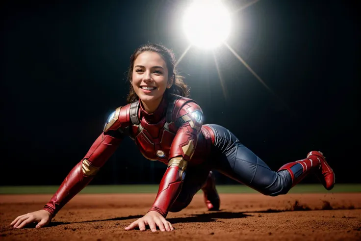Marvel movies,full body,from below,photo of a 18 year old girl,ironman,sliding in a baseball game,happy,laughing,bare hands,ray tracing,detail shadow,shot on Fujifilm X-T4,85mm f1.2,sharp focus,depth of field,blurry background,bokeh,lens flare,motion blur,<lora:add_detail:1>,
