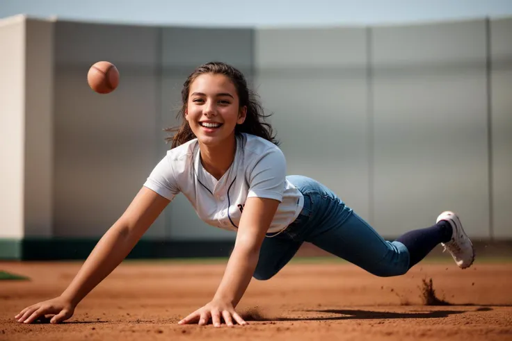 full body,from below,photo of a 18 year old girl,sliding in a baseball game,happy,laughing,bare hands,shirt,pants,ray tracing,detail shadow,shot on Fujifilm X-T4,85mm f1.2,sharp focus,depth of field,blurry background,bokeh,lens flare,motion blur,<lora:add_detail:1>,