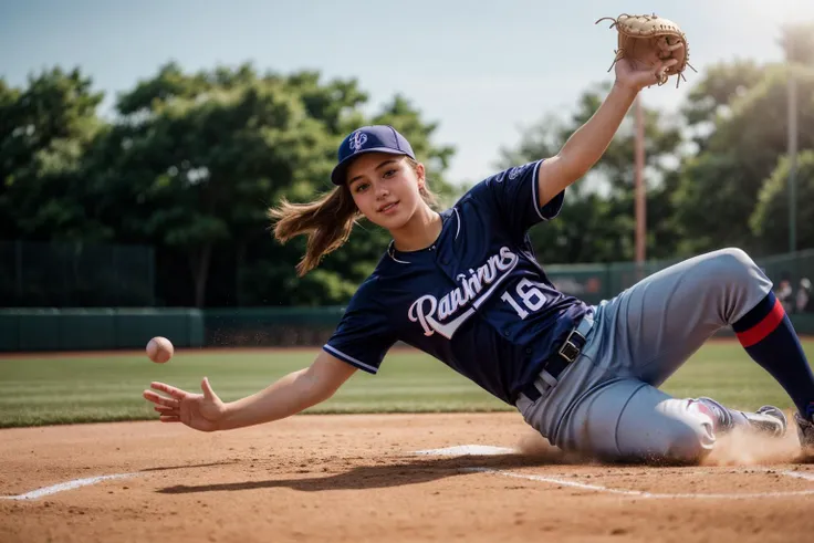 photo of a 18 year old girl,sliding in a baseball game,happy,ray tracing,detail shadow,shot on Fujifilm X-T4,85mm f1.2,sharp focus,depth of field,blurry background,bokeh,lens flare,motion blur,<lora:add_detail:1>,
