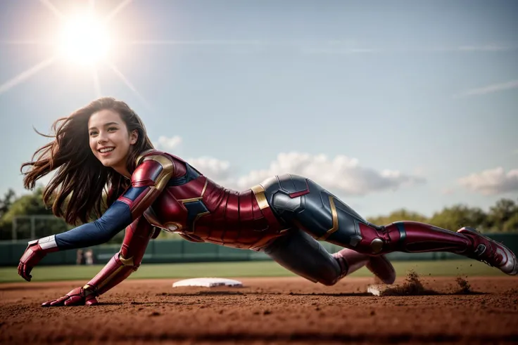 Marvel movies,full body,from below,photo of a 18 year old girl,ironman,sliding in a baseball game,happy,laughing,bare hands,ray tracing,detail shadow,shot on Fujifilm X-T4,85mm f1.2,sharp focus,depth of field,blurry background,bokeh,lens flare,motion blur,<lora:add_detail:1>,