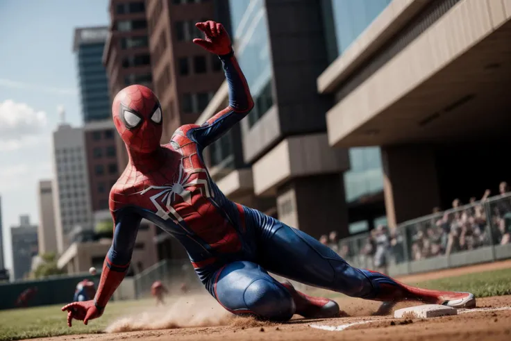 Marvel movies,photo of a 18 year old girl,spiderman,sliding in a baseball game,happy,ray tracing,detail shadow,shot on Fujifilm X-T4,85mm f1.2,sharp focus,depth of field,blurry background,bokeh,lens flare,motion blur,<lora:add_detail:1>,