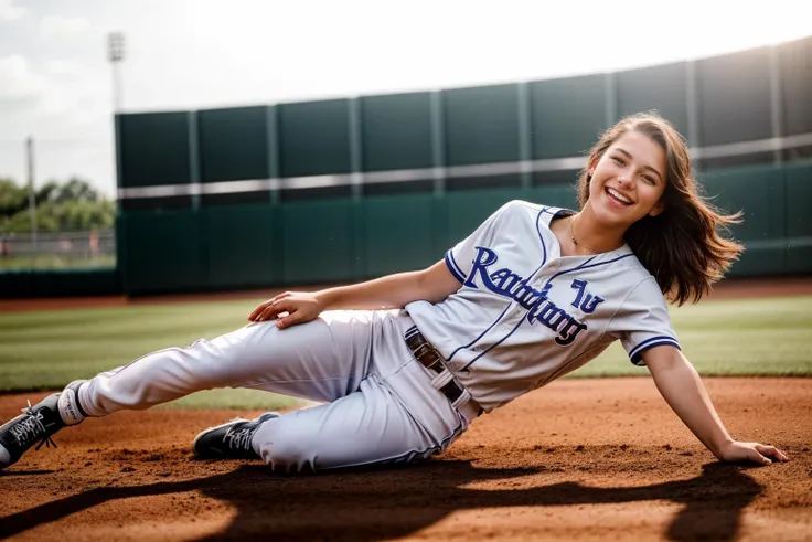 full body,photo of a 18 year old girl,sliding in a baseball game,happy,laughing,ray tracing,detail shadow,shot on Fujifilm X-T4,85mm f1.2,sharp focus,depth of field,blurry background,bokeh,motion blur,<lora:add_detail:1>,