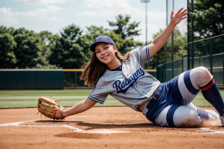 photo of a 18 year old girl,sliding in a baseball game,happy,ray tracing,detail shadow,shot on Fujifilm X-T4,85mm f1.2,sharp focus,depth of field,blurry background,bokeh,lens flare,motion blur,<lora:add_detail:1>,