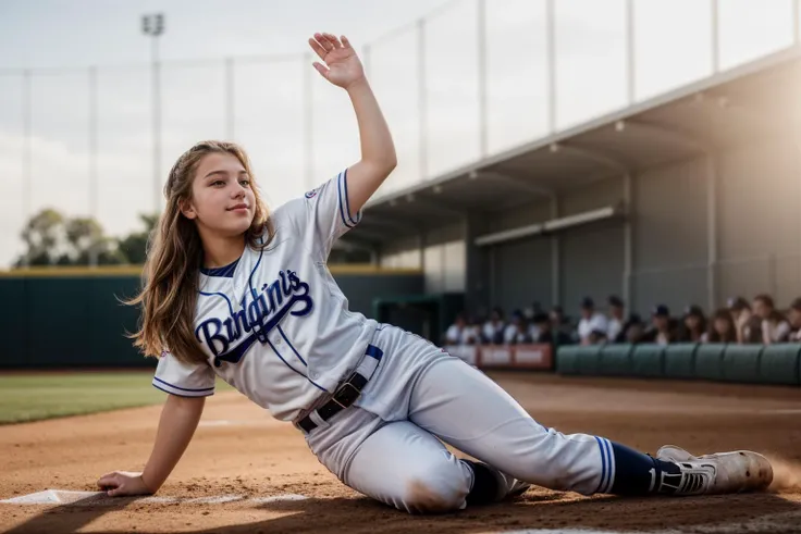 photo of a 18 year old girl,sliding in a baseball game,happy,ray tracing,detail shadow,shot on Fujifilm X-T4,85mm f1.2,sharp focus,depth of field,blurry background,bokeh,lens flare,motion blur,<lora:add_detail:1>,