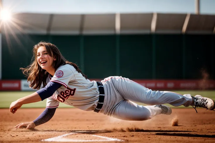 full body,from below,photo of a 18 year old girl,sliding in a baseball game,happy,laughing,bare hands,ray tracing,detail shadow,shot on Fujifilm X-T4,85mm f1.2,sharp focus,depth of field,blurry background,bokeh,lens flare,motion blur,<lora:add_detail:1>,