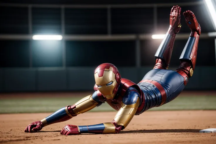 Marvel movies,full body,from below,photo of a 18 year old girl,ironman,sliding in a baseball game,happy,laughing,ray tracing,detail shadow,shot on Fujifilm X-T4,85mm f1.2,sharp focus,depth of field,blurry background,bokeh,lens flare,motion blur,<lora:add_detail:1>,