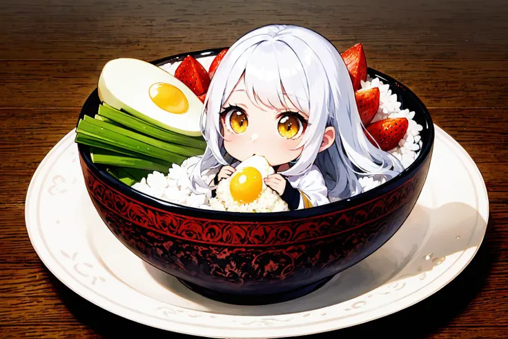 (masterpiece, top quality, best quality, official art, beautiful and aesthetic:1.2),
1girl, japanese clothes, solo, white hair, food, egg, yellow eyes, in container, bowl, eating, flower, chibi, gloves, rice, in food,
extremely detailed,colorful, (dynamic pose),