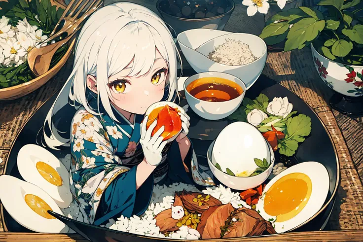 (masterpiece, top quality, best quality, official art, beautiful and aesthetic:1.2),
1girl, japanese clothes, solo, white hair, food, egg, yellow eyes, in container, bowl, eating, flower, chibi, gloves, rice, in food,
extremely detailed,colorful, (dynamic pose),