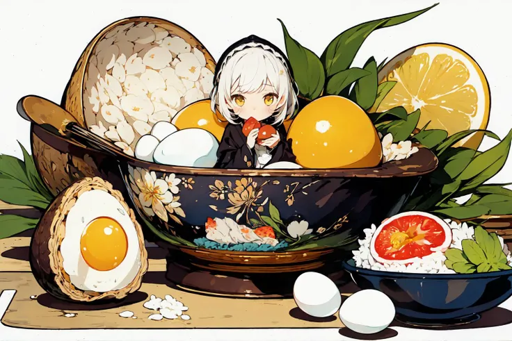 (masterpiece, top quality, best quality, official art, beautiful and aesthetic:1.2),
1girl, japanese clothes, solo, white hair, food, egg, yellow eyes, in container, bowl, eating, flower, chibi, gloves, rice, in food,
extremely detailed,colorful, (dynamic pose),