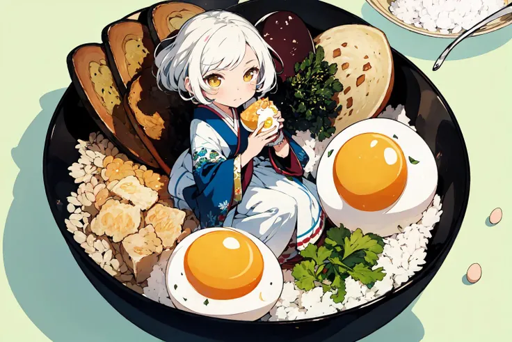 (masterpiece, top quality, best quality, official art, beautiful and aesthetic:1.2),
1girl, japanese clothes, solo, white hair, food, egg, yellow eyes, in container, bowl, eating, flower, chibi, gloves, rice, in food,
extremely detailed,colorful, (dynamic pose),
