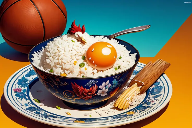 (masterpiece, top quality, best quality, official art, beautiful and aesthetic:1.2), a huge rooster standing on rice, (basketball:1.2), food, egg, in container, bowl, eating, flower, chibi, rice, in food, extremely detailed, colorful, (dynamic pose), <lora:food_girl_lora_01:0.8>