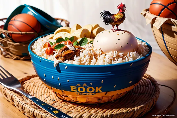 (masterpiece, top quality, best quality, official art, beautiful and aesthetic:1.2), a huge rooster on rice, (basketball:1.3), food, egg, in container, bowl, eating, flower, chibi, rice, in food, extremely detailed, colorful, (dynamic pose), (wearing basket_uniform:1.3), <lora:food_girl_lora_01:0.8>, <lora:basket_uniform:0.5>
