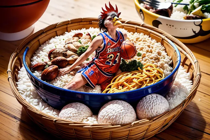 (masterpiece, top quality, best quality, official art, beautiful and aesthetic:1.2), a rooster in basketball uniform on rice, bird beak, (rooster head:1.2), (basketball:1.3), food, egg, in container, bowl, eating, flower, chibi, rice, in food, extremely detailed, colorful, (dynamic pose), (wearing basket_uniform:1.3), <lora:food_girl_lora_01:0.8>, <lora:basket_uniform:0.5>