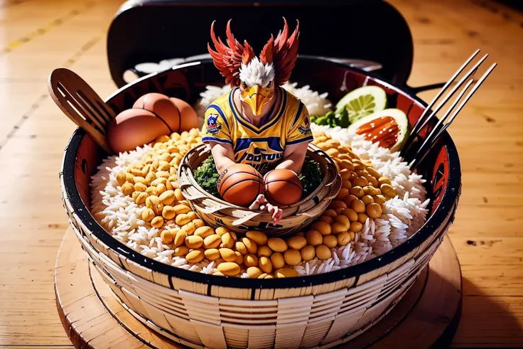 (masterpiece, top quality, best quality, official art, beautiful and aesthetic:1.2), a rooster in basketball uniform on rice, bird beak, bird head, (basketball:1.3), food, egg, in container, bowl, eating, flower, chibi, rice, in food, extremely detailed, colorful, (dynamic pose), (wearing basket_uniform:1.3), <lora:food_girl_lora_01:0.8>, <lora:basket_uniform:0.5>