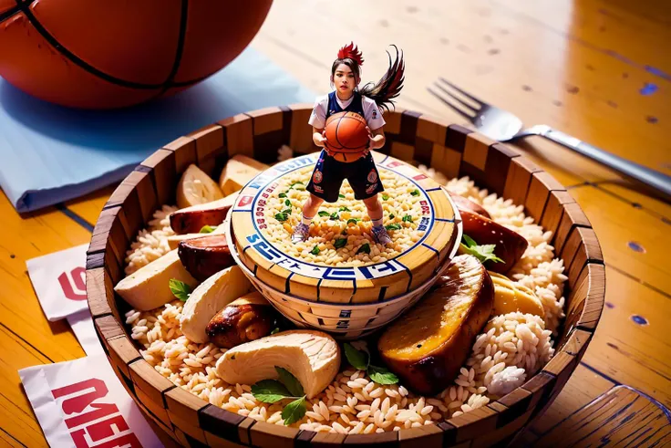 (masterpiece, top quality, best quality, official art, beautiful and aesthetic:1.2), a rooster in uniform on rice, (basketball:1.3), food, egg, in container, bowl, eating, flower, chibi, rice, in food, extremely detailed, colorful, (dynamic pose), (wearing basket_uniform:1.3), <lora:food_girl_lora_01:0.8>, <lora:basket_uniform:0.5>