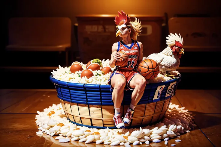 (masterpiece, top quality, best quality, official art, beautiful and aesthetic:1.2), a rooster in basketball uniform on rice, bird head, (rooster head:1.2), (basketball:1.3), food, egg, in container, bowl, eating, flower, chibi, rice, in food, extremely detailed, colorful, (dynamic pose), (wearing basket_uniform:1.3), <lora:food_girl_lora_01:0.8>, <lora:basket_uniform:0.5>