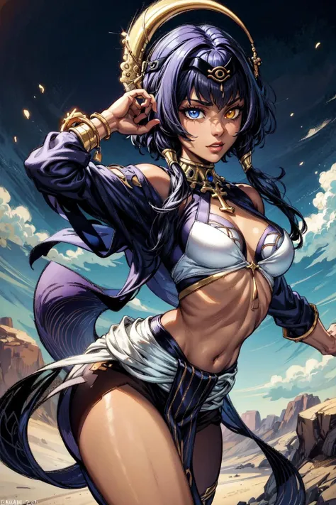 thick outlines, comics, photorealistic, perfect hands, masterpiece:1.2, colorful, desert, 1 girl, dynamic pose, <lora:candace1:1>, candacedef, white skin, heterochromia,  small breast, detailed background, detailed face, detailed eyes, <lora:add_detail:0.8>