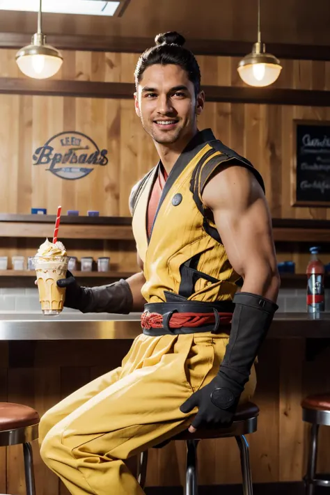 mkscorpion,man,black hair, single hair bun, sleeveless, yellow japanese clothes, fingerless gloves, looking at viewer, smiling, sitting, on stool, inside ice cream parlor, holding milkshake, bright lighting, high quality, masterpiece, <lora:ScorpionMK1:.8>