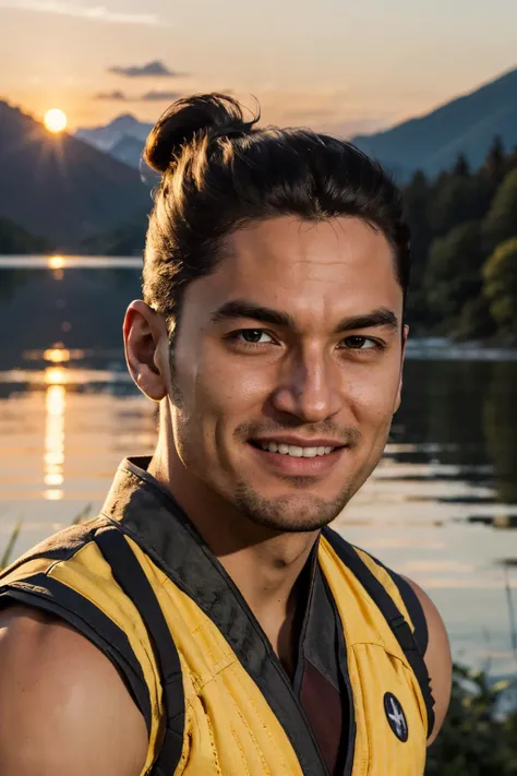 mkscorpion,man,black hair, single hair bun, sleeveless, yellow japanese clothes, looking at viewer, smiling, close up, outside, lake, dusk, sunset, mountain, high quality, masterpiece, <lora:ScorpionMK1:.8>