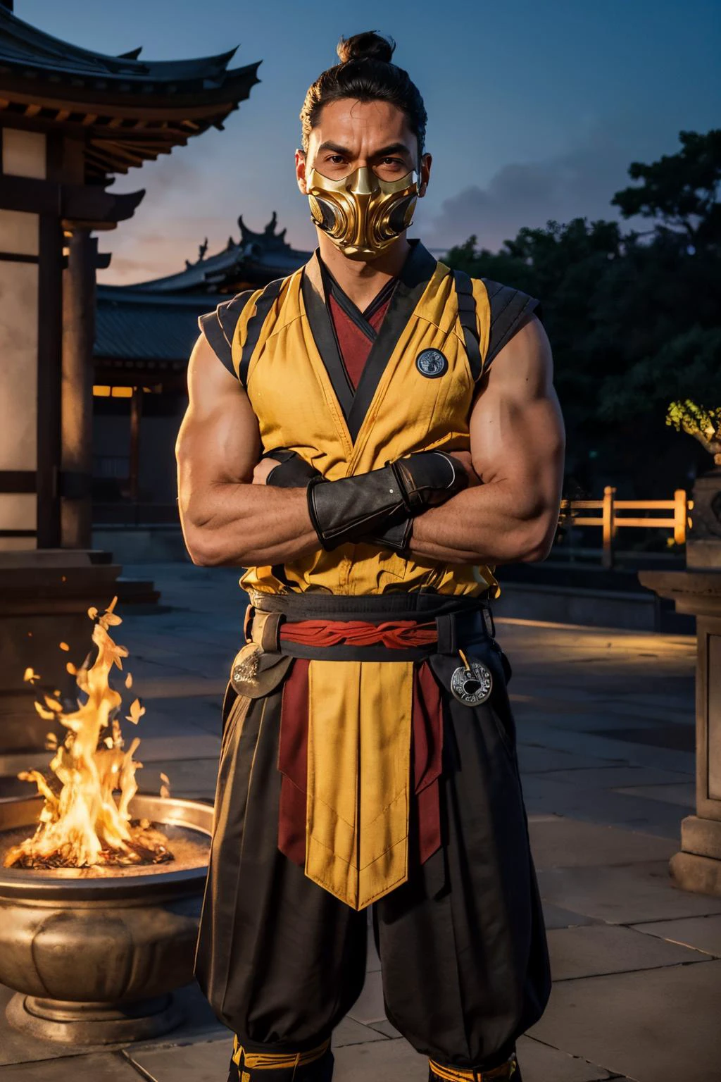 mkscorpion,man,black hair, single hair bun, mask, sleeveless, yellow japanese clothes, fingerless gloves, looking at viewer, serious, standing, upper body shot, arms crossed, outside, temple, fire pit, warm ambiance, dusk, high quality, masterpiece, <lora:ScorpionMK1:.8>