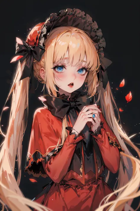 best quality,masterpiece,cowboy shot,1girl,shinku,solo,blonde hair,blue eyes,long hair,bow,dress,looking at viewer,blush,bangs,petals,black background,jewelry,red dress,bonnet,twintails,ring,red headwear,black bow,long sleeves,upper body,capelet,bowtie,very long hair,parted lips,sidelocks,simple background,open mouth,red capelet,doll joints,joints,<lora:rsef-000225:0.9>,