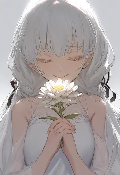 best quality, masterpiece, solo, holding flower, 1girl, flower, white background, holding, smile, closed eyes, upper body, ribbon, simple background, white theme, white flower, hair ribbon, white hair, white dress, closed mouth, facing viewer, bangs, black ribbon, dress, long hair
<lora:rsefXLlokr4f-000143:0.95>