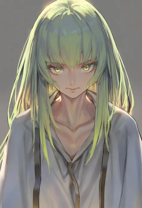 best quality, masterpiece, enkidu \(fate\), solo, green hair, long hair, looking at viewer, robe, green eyes, androgynous, upper body, simple background, closed mouth, grey background, white robe, bangs, 1boy, 1other, male focus
<lora:rsefXLlokr4f-000143:0.95>