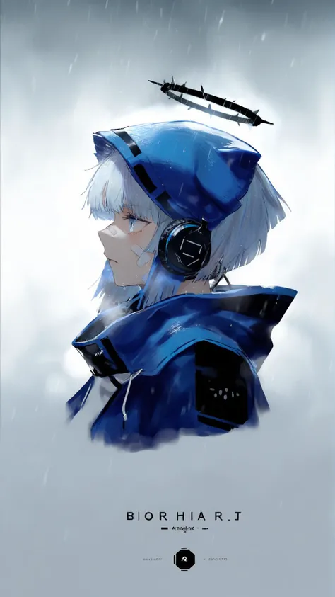 [(white background:1.6)::10], doctor \(arknights\),  poster, dark halo, from side, blizzard, blue hood, headphones around neck, head lift, castform \(rainy\), wet, night, hime cut, bust chart, undercut, upper body, dim lighting,bandaid on cheek, 
<lora:ç»é£XL Rsef:0.9>