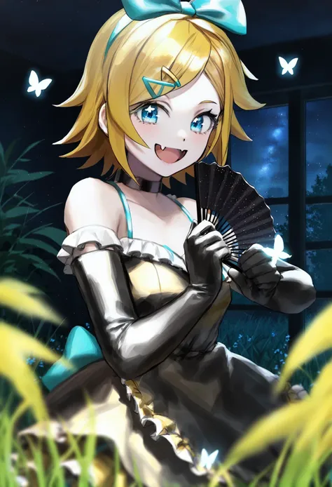 masterpiece, best quality, <lora:sd_xl_dpo_lora_v1-128dim:1>, 1girl, kagamine rin, blonde hair, dress, gloves, black gloves , fang, solo, smile, hair ornament, blue eyes, frills, bare shoulders, elbow gloves , looking at viewer, choker, open mouth, hairclip, hand fan, necklace, hair bow , jewelry, black dress, :d, folding fan, swept bangs, yellow dress, upper body, skin fang, bangs, indoors, off-shoulder dress, frilled dress, off shoulder, short hair ,scenery, sky, star (sky), outdoors, starry sky, night, tree, blurry foreground, bug, night sky, grass, blurry, cloud, plant, butterfly, depth of field, fantasy, flower ,<lora:rsefXLlokr4f-000143:1>