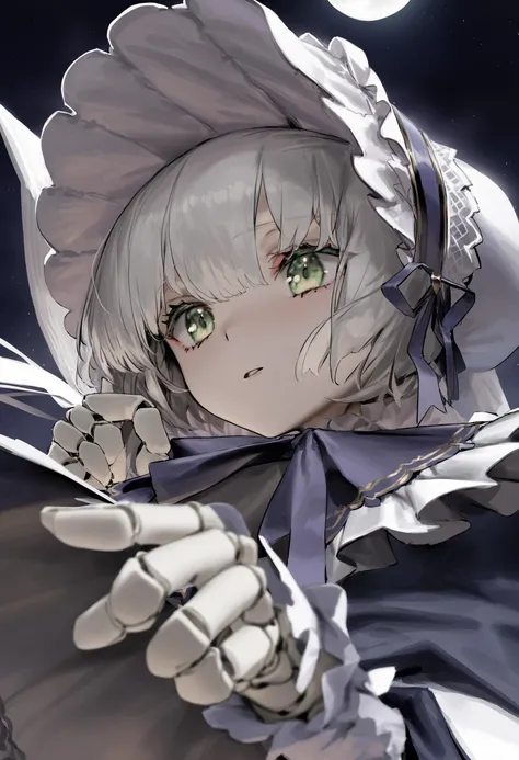 best quality, masterpiece, 1girl, solo, doll joints, bonnet, white hair, joints, cloak, jewelry, bangs, green eyes, short hair, hat, moon
<lora:rsefXLlokr4f-000143:0.95>