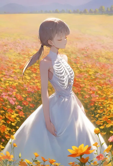 best quality, masterpiece, 1girl, solo, closed eyes, flower, dress, sleeveless, long hair, white dress, skeleton, field, flower field, outdoors, ponytail, bangs, bare shoulders
<lora:rsefXLlokr4f-000143:0.95>