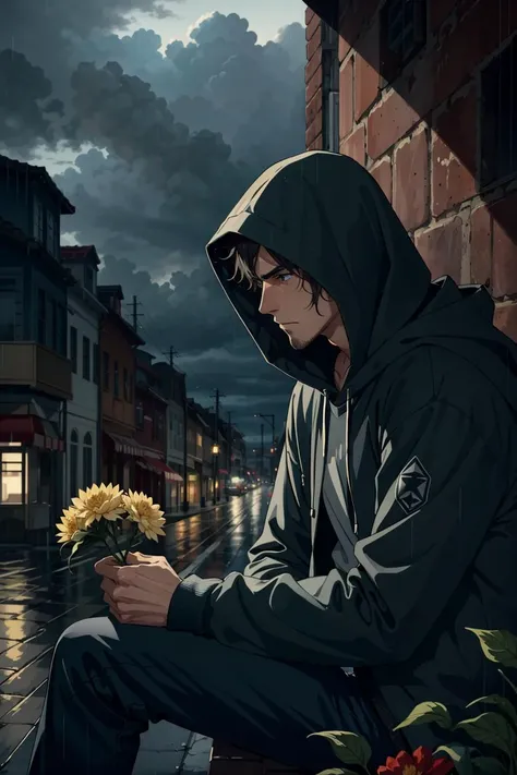 man with a hood on, sitting, visibly depressed, holds a withered flower, in the background rain and dark clouds Negative prompt: EasyNegative, bad_prompt_version2, (loli, ???, children, child, baby, baby face, girl, boy, young:1.25) Steps: 25, Sampler: Heun, CFG scale: 8, Seed: 923450196, Size: 512x768, Model: xRikishi_Unstable_Diffusion_Alpha_6_0_Anime_Version_VAE, Denoising strength: 0.35, Clip skip: 2, CFG Rescale φ: 0, Hires upscale: 1.75, Hires steps: 30, Hires upscaler: R-ESRGAN 4x+ Anime6B, Version: v1.3.2-RC-2-gd7519554