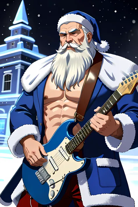 (masterpiece), muscular Russian Santa Claus, perfect detailed silver beard, plays the electric guitar, blue fur coat, snow palace, snowflakes, newyear style