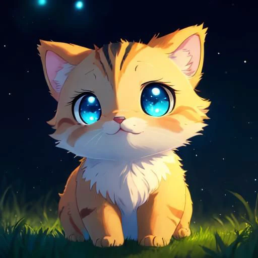 face focus, masterpiece, best quality, cute fluffy kitten, night background, fireflies, light particle, solo, aqua eyes, standing, pixiv, depth of field, cinematic composition, best lighting, looking up