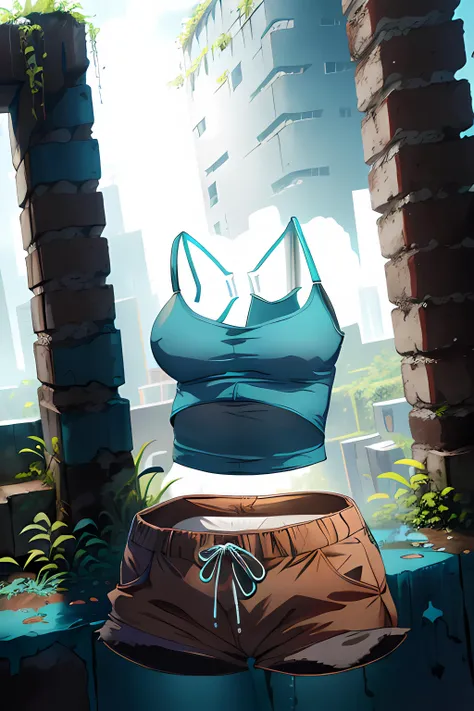 (masterpiece:1.4), (best quality), (detailed), 1girl, solo, action pose, (large breasts), ((invisible)), no humans, faceless, headless, overgrown ruins background, ((turquoise tank top)), ((brown shorts)), <lora:tombraider_classiclaracroft-11:0.7>, <lora:invisible:1.4>