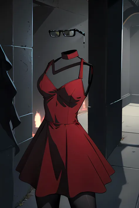 (masterpiece:1.4), (best quality), (detailed), hdr, 1girl, solo, action pose, (large breasts), ((invisible)), no humans, faceless, headless, dark catacombs background, basement, adadress, red dress, short dress, sleeveless dress, cleavage, blackchoker, pantyhose, black sunglasses, <lora:invisible:1.4>, depth of field, gloomy