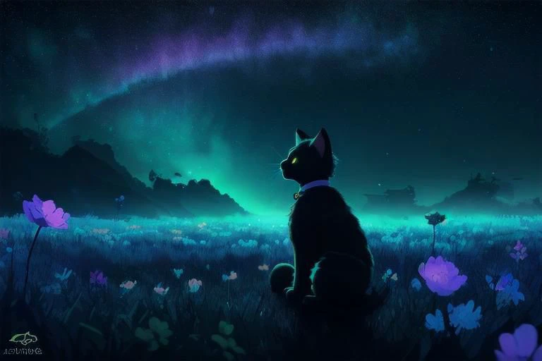 Fluffy cute kitten, (from side), (silhouette:1), profile, big hair, masterpiece, best quality, light particle, depth of field, field, scenery, fantasy, indigo light, (far away:1), cute cat, midriff, tribal sash, pastel colors, chromatic aberration, glow in the dark, cloudy sky, space, orange aura, cinematic, dark atmosphere, night , dark hole, glowing eyes, teal light, illumination, light rays, eye in the sky, (grass:0.9), falling petals, oniric portrait of a cat with white mask, yearning to explore the ends of the world to discover its wonders and help its denizens, a gradient masterpiece, cyan yellow green beige lilac, Rococopunk, luminism, seamless, China ink, Ink Bubbles, Gold leaf lines, alcohol ink elements, curved lines, cinematic, realism, chiaroscuro, Shadow play, Gold leaf small lines, bright splashes of alcohol ink puddles, volumetric light, auras, rays of sunlight, bright colors reflect, isometric, digital art, smog, pollution, toxic waste, chimneys and railroads, 3d render, octane render, volumetrics, anime style