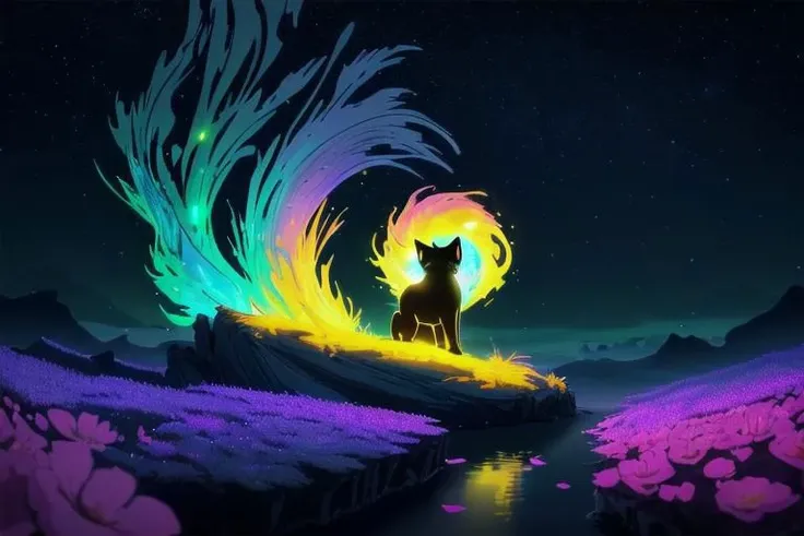 Fluffy cute kitten, (from side), (silhouette:1), profile, big hair, masterpiece, best quality, light particle, depth of field, field, scenery, fantasy, indigo light, (far away:1), cute cat, midriff, tribal sash, pastel colors, chromatic aberration, glow in the dark, cloudy sky, space, orange aura, cinematic, dark atmosphere, night , dark hole, glowing eyes, teal light, illumination, light rays, eye in the sky, (grass:0.9), falling petals, oniric portrait of a cat with white mask, yearning to explore the ends of the world to discover its wonders and help its denizens, a gradient masterpiece, cyan yellow green beige lilac white, Rococopunk, luminism, seamless, China ink, Ink Bubbles, Gold leaf lines, alcohol ink elements, curved lines, cinematic, realism, chiaroscuro, Shadow play, Gold leaf small lines, bright splashes of alcohol ink puddles, volumetric light, auras, rays of sunlight, bright colors reflect, isometric, digital art, smog, pollution, toxic waste, chimneys and railroads, 3d render, octane render, volumetrics, anime style