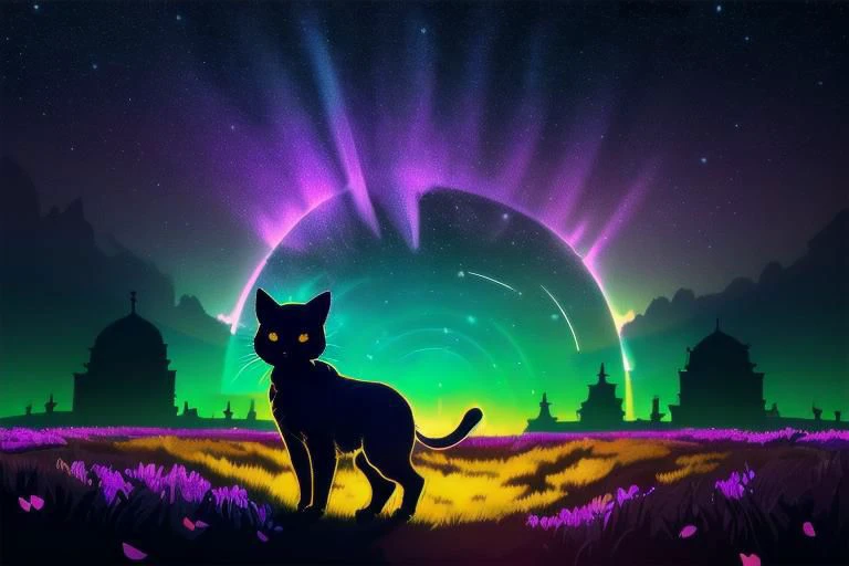 Fluffy cute kitten, (from side), (silhouette:1), profile, big hair, masterpiece, best quality, light particle, depth of field, field, scenery, fantasy, indigo light, (far away:1), cute cat, midriff, tribal sash, pastel colors, chromatic aberration, glow in the dark, cloudy sky, space, orange aura, cinematic, dark atmosphere, night , dark hole, glowing eyes, teal light, illumination, light rays, eye in the sky, (grass:0.9), falling petals, oniric portrait of a cat with white mask, yearning to explore the ends of the world to discover its wonders and help its denizens, a gradient masterpiece, cyan yellow green beige lilac white, Rococopunk, luminism, seamless, China ink, Ink Bubbles, Gold leaf lines, alcohol ink elements, curved lines, cinematic, realism, chiaroscuro, Shadow play, Gold leaf small lines, bright splashes of alcohol ink puddles, volumetric light, auras, rays of sunlight, bright colors reflect, isometric, digital art, smog, pollution, toxic waste, chimneys and railroads, 3d render, octane render, volumetrics, anime style