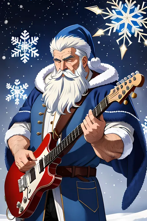(masterpiece), muscular Russian Santa Claus, perfect detailed silver beard, plays the hadr rock guitar, blue fur coat, snow palace, snowflakes, newyear style
