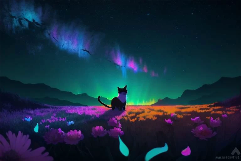Fluffy cute kitten, (from side), (silhouette:1), profile, big hair, masterpiece, best quality, light particle, depth of field, field, scenery, fantasy, indigo light, (far away:1), cute cat, midriff, tribal sash, pastel colors, chromatic aberration, glow in the dark, cloudy sky, space, orange aura, cinematic, dark atmosphere, night , dark hole, glowing eyes, teal light, illumination, light rays, eye in the sky, (grass:0.9), falling petals, oniric portrait of a cat with white mask, yearning to explore the ends of the world to discover its wonders and help its denizens, a gradient masterpiece, cyan yellow green beige lilac white, Rococopunk, luminism, seamless, China ink, Ink Bubbles, Gold leaf lines, alcohol ink elements, curved lines, cinematic, realism, chiaroscuro, Shadow play, Gold leaf small lines, bright splashes of alcohol ink puddles, volumetric light, auras, rays of sunlight, bright colors reflect, isometric, digital art, smog, pollution, toxic waste, chimneys and railroads, 3d render, octane render, volumetrics, anime style