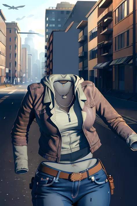 (masterpiece:1.4), (best quality), (detailed), 1girl, solo, action pose, (large breasts), ((invisible)), no humans, faceless, headless, city (ruins) background, <lora:Alyxv2:0.7>, belt, denim, hoodie, brown jacket, jeans, necklace, <lora:invisible:1.4>, depth of field, gloomy, radioactivity, wasteland, desert,