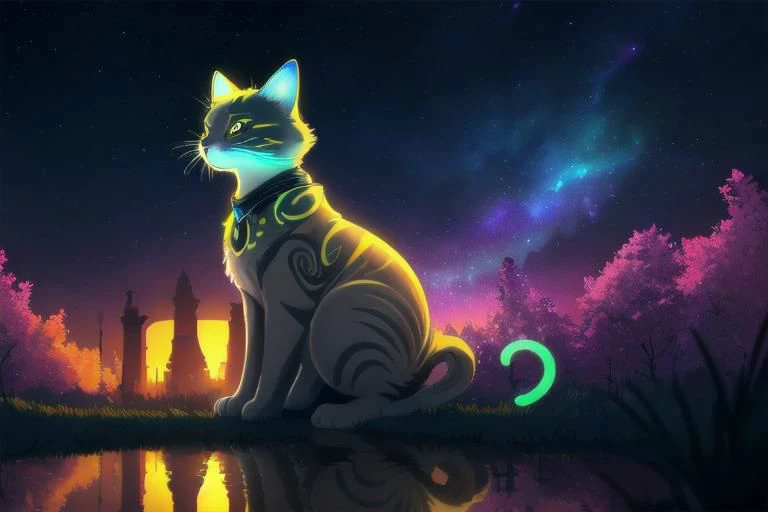 Fluffy cute kitten, (from side), (silhouette:1), profile, big hair, masterpiece, best quality, light particle, depth of field, field, scenery, fantasy, indigo light, (far away:1), cute cat, midriff, tribal sash, pastel colors, chromatic aberration, glow in the dark, cloudy sky, space, orange aura, cinematic, dark atmosphere, night , dark hole, glowing eyes, teal light, illumination, light rays, eye in the sky, (grass:0.9), falling petals, oniric portrait of a cat with white mask, yearning to explore the ends of the world to discover its wonders and help its denizens, a gradient masterpiece, cyan yellow green beige lilac white, Rococopunk, luminism, seamless, China ink, Ink Bubbles, Gold leaf lines, alcohol ink elements, curved lines, cinematic, realism, chiaroscuro, Shadow play, Gold leaf small lines, bright splashes of alcohol ink puddles, volumetric light, auras, rays of sunlight, bright colors reflect, isometric, digital art, smog, pollution, toxic waste, chimneys and railroads, 3d render, octane render, volumetrics, anime style