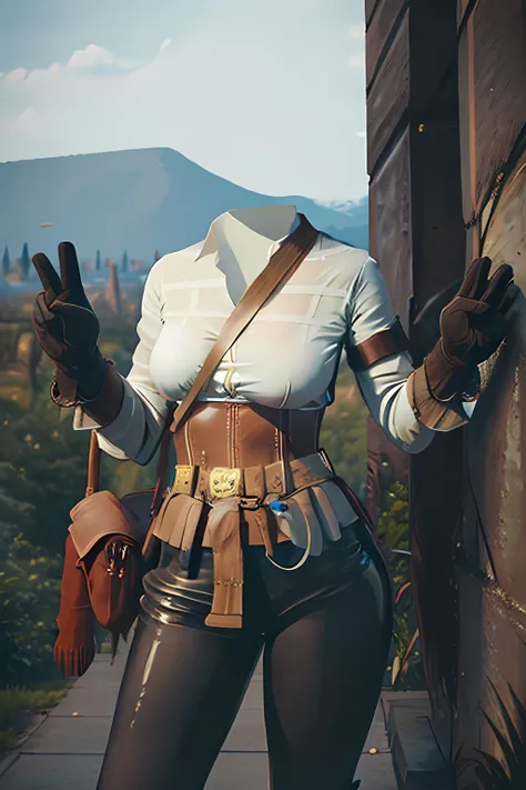 (masterpiece:1.4), (best quality), (detailed), depth of field, 1girl, solo, action pose, (large breasts), ((invisible)), <lora:invisible:1.4>, no humans, faceless, headless, leather boots, brown gloves, black pants, leather gloves, white shirt, brown belt, <lora:ciri_test:0.7>, castle on background, nature