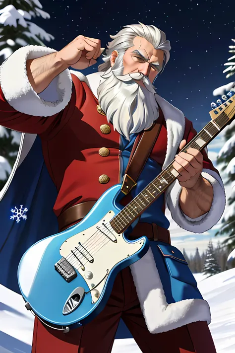 (masterpiece), muscular Russian Santa Claus, perfect detailed silver beard, plays the electric guitar, blue fur coat, snow palace, snowflakes,
