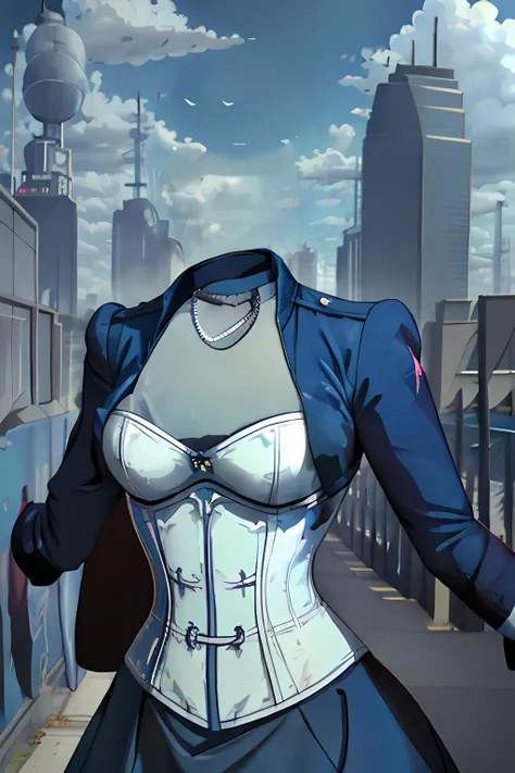(masterpiece:1.4), (best quality), (detailed), depth of field, 1girl, solo, action pose, (large breasts), ((invisible)), no humans, faceless, headless, clouds sky on background, blue jacket, blue skirt, (bright white corset), chocker, <lora:BioshockElizabeth:0.7>, <lora:invisible:1.4>