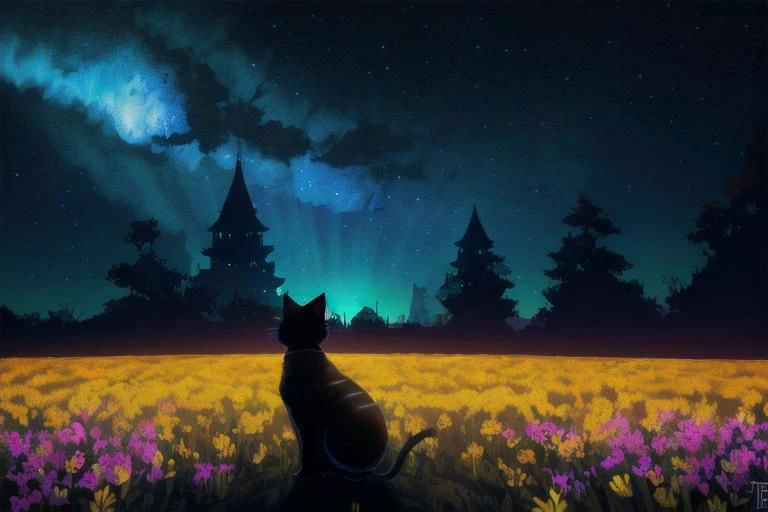 Fluffy cute kitten, (from side), (silhouette:1), profile, big hair, masterpiece, best quality, light particle, depth of field, field, scenery, fantasy, indigo light, (far away:1), cute cat, midriff, tribal sash, pastel colors, chromatic aberration, glow in the dark, cloudy sky, space, orange aura, cinematic, dark atmosphere, night , dark hole, glowing eyes, teal light, illumination, light rays, eye in the sky, (grass:0.9), falling petals, oniric portrait of a cat with white mask, yearning to explore the ends of the world to discover its wonders and help its denizens, a gradient masterpiece, cyan yellow green beige lilac white, Rococopunk, luminism, seamless, China ink, Ink Bubbles, Gold leaf lines, alcohol ink elements, curved lines, cinematic, realism, chiaroscuro, Shadow play, Gold leaf small lines, bright splashes of alcohol ink puddles, volumetric light, auras, rays of sunlight, bright colors reflect, isometric, digital art, smog, pollution, toxic waste, chimneys and railroads, 3d render, octane render, volumetrics, anime style